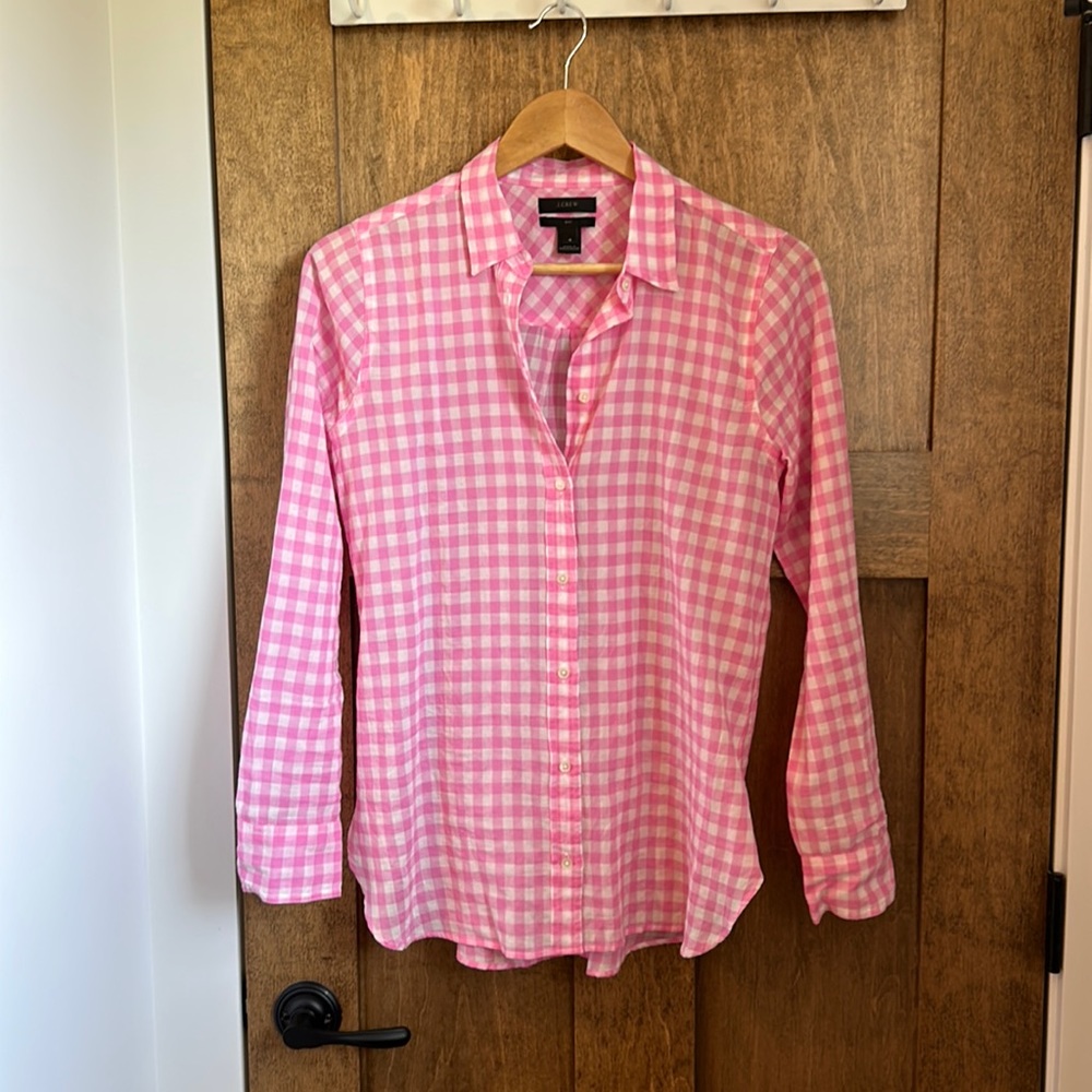 J. crew pink gingham ‘boy’ blouse.